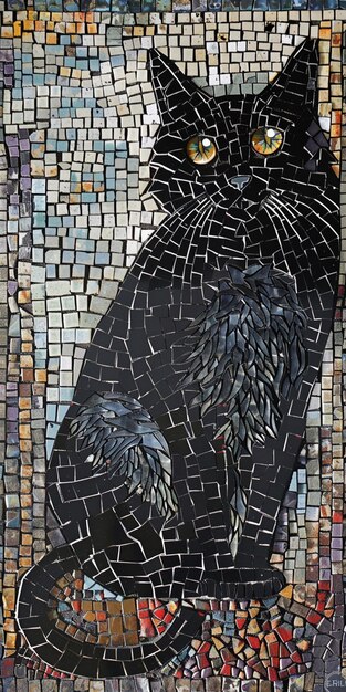 Photo arafed mosaic of a black cat sitting on a colorful flowered ground generative ai