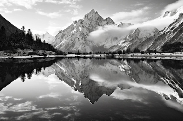 arafed mountain range reflected in a lake with a few clouds generative ai