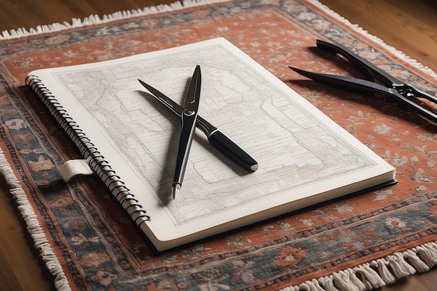 Arafed notebook and pen on a rug with scissors and a pair of scissors generative ai