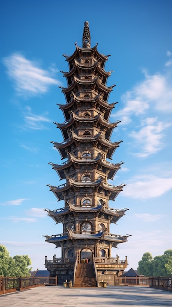 arafed pagoda in a park with a blue sky in the background generative ai