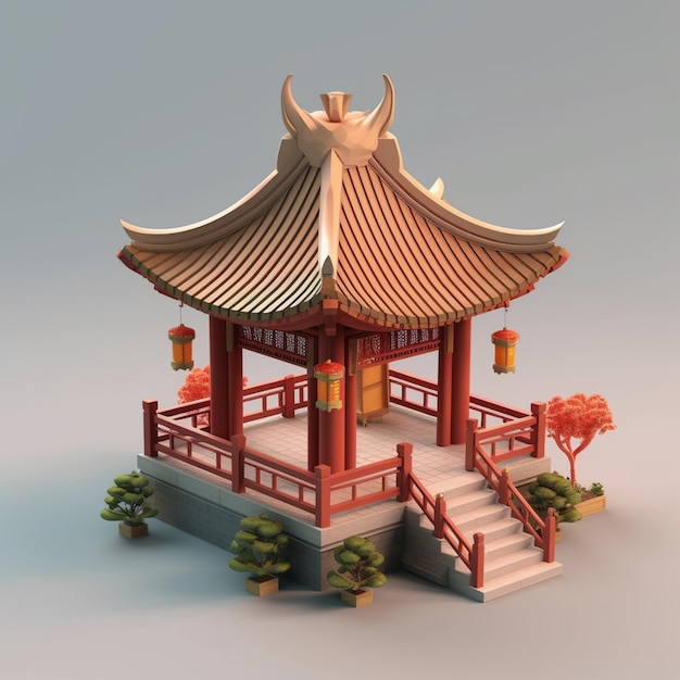 Arafed pagoda with a roof and steps leading to a small pond generative ai