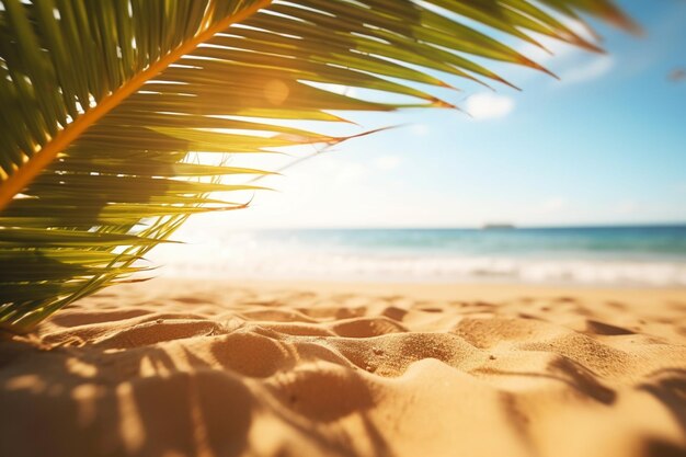 Arafed palm leaf on the beach with the sun shining through the leaves generative ai