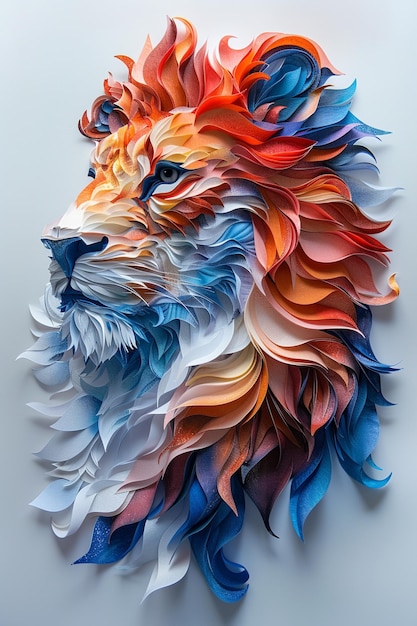 arafed paper art of a lion head with colorful feathers generative ai