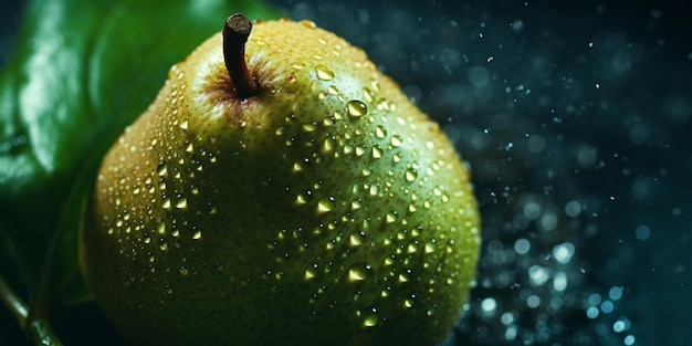 Arafed pear with water droplets on it sitting on a leaf generative ai