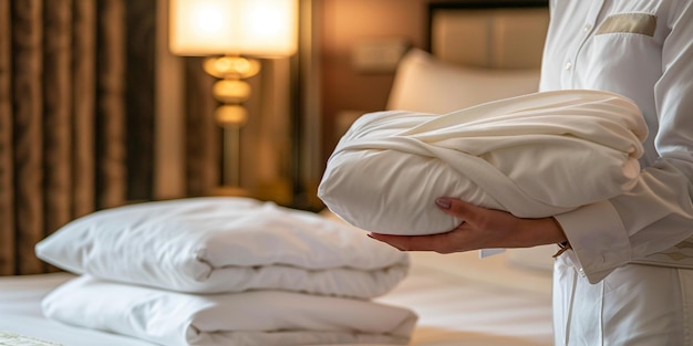 Photo arafed person holding a pillow in front of a stack of pillows generative ai