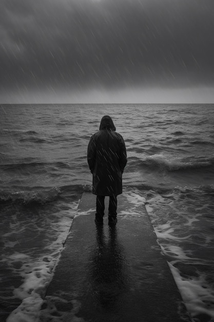 Arafed person standing on a pier in the rain looking out at the ocean generative ai