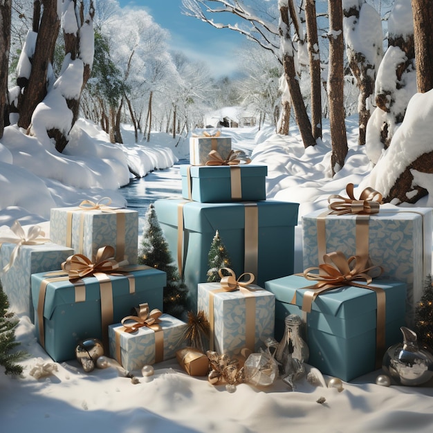 arafed pile of presents in the snow with trees and snow generative ai