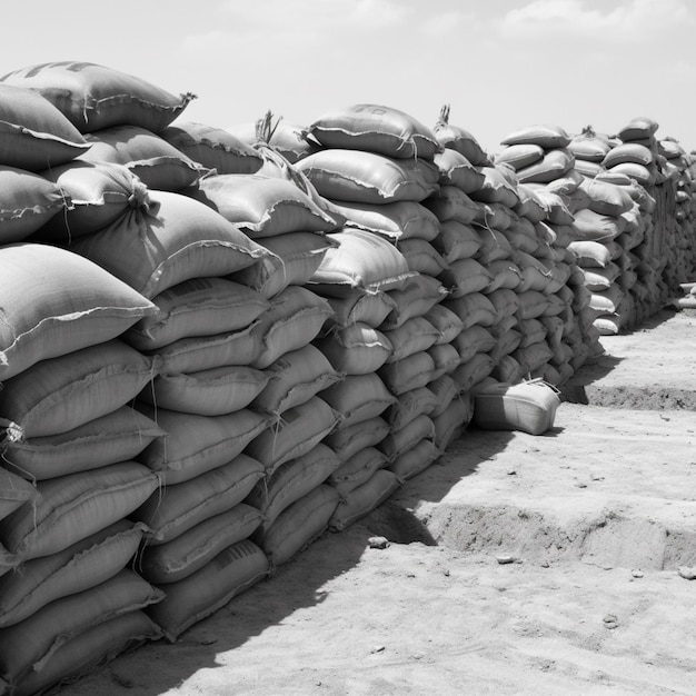 arafed pile of sandbags on a beach with a sky background generative ai