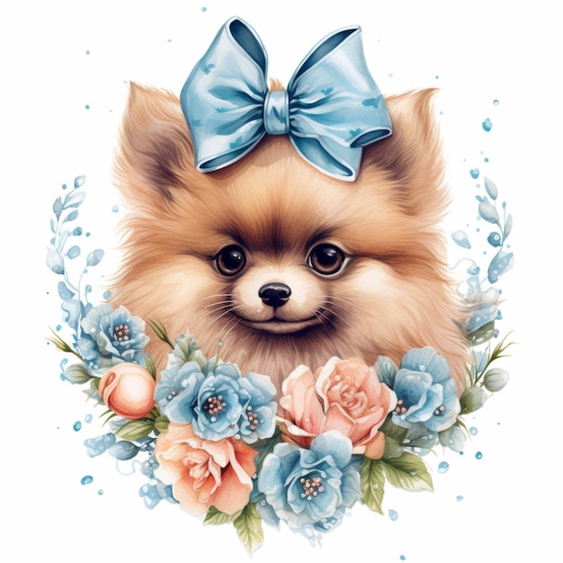 Arafed pomeranian dog with a bow and flowers on a white background generative ai