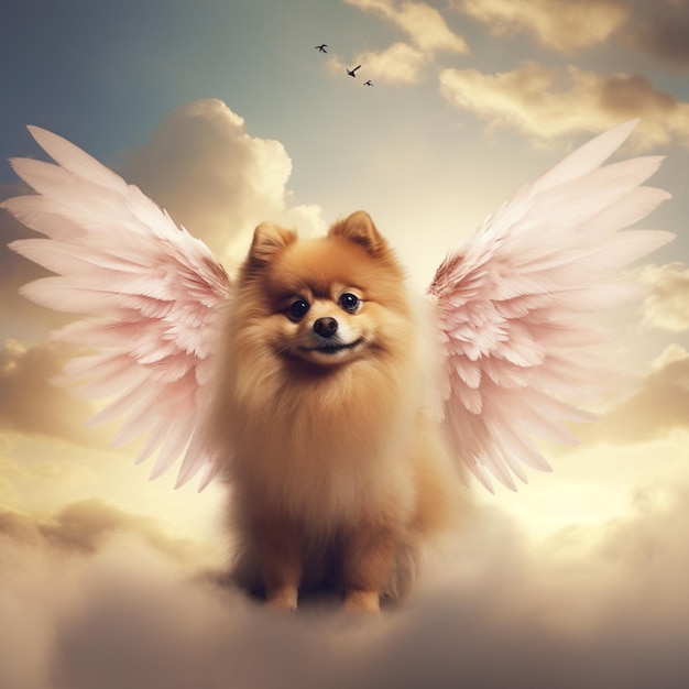 Arafed pomeranian dog with pink wings in the sky generative ai