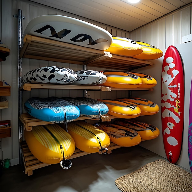 Photo arafed rack of surfboards and kayaks in a garage