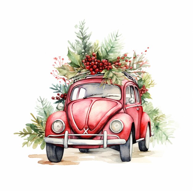 arafed red car with christmas decorations on top of it generative ai