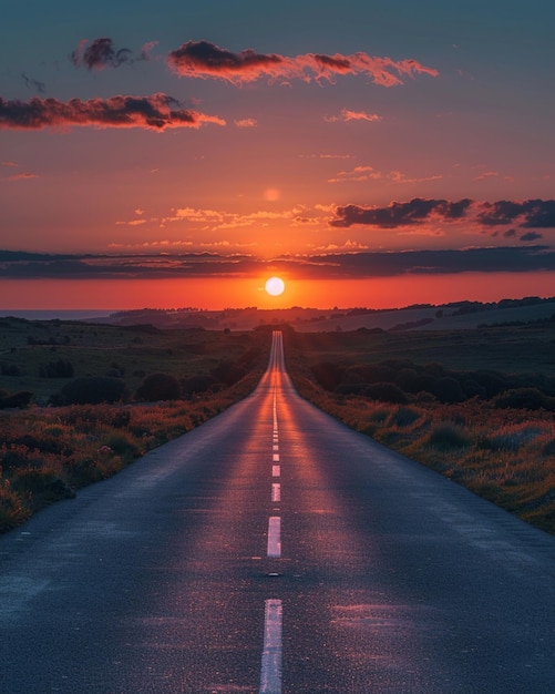 Photo arafed road with a sunset in the distance and a single lane generative ai