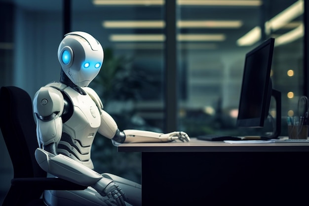 Arafed robot sitting at a desk with a computer monitor generative ai