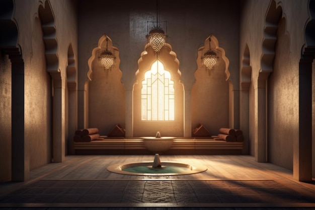 Arafed room with a fountain and a window in the middle generative ai