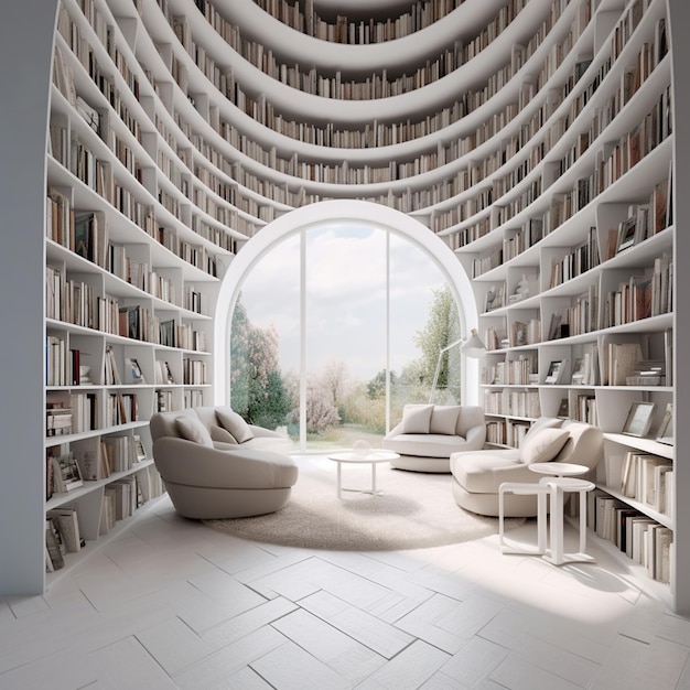 Arafed room with a large window and a lot of books generative ai