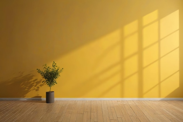 arafed room with a plant in a vase and a yellow wall