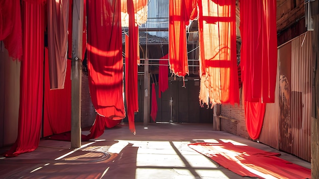 Photo arafed room with red curtains and a red rug on the floor