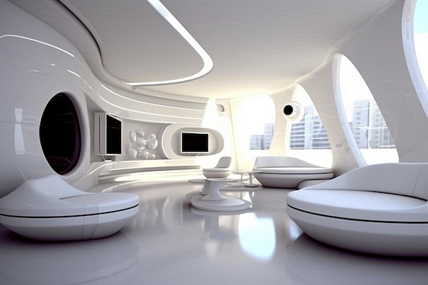 Arafed room with white furniture and a large window generative ai