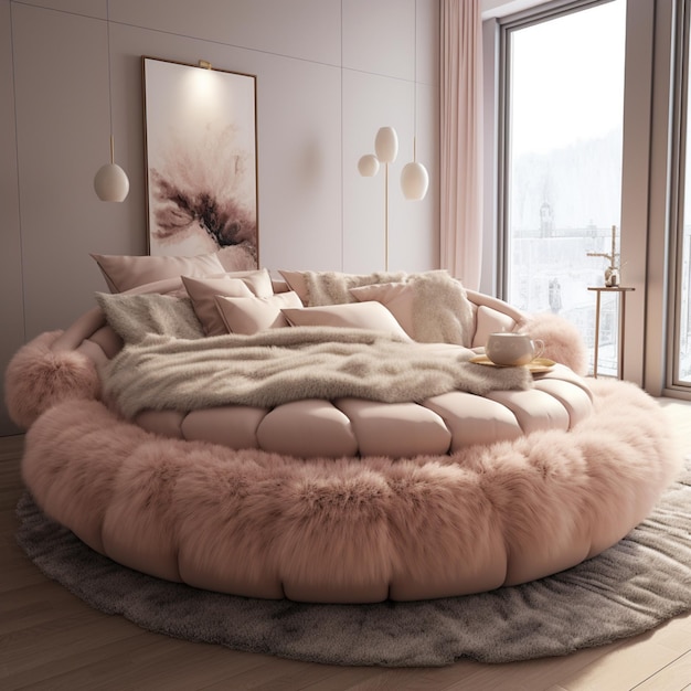 Arafed round bed with a pink fur blanket and pillows generative ai