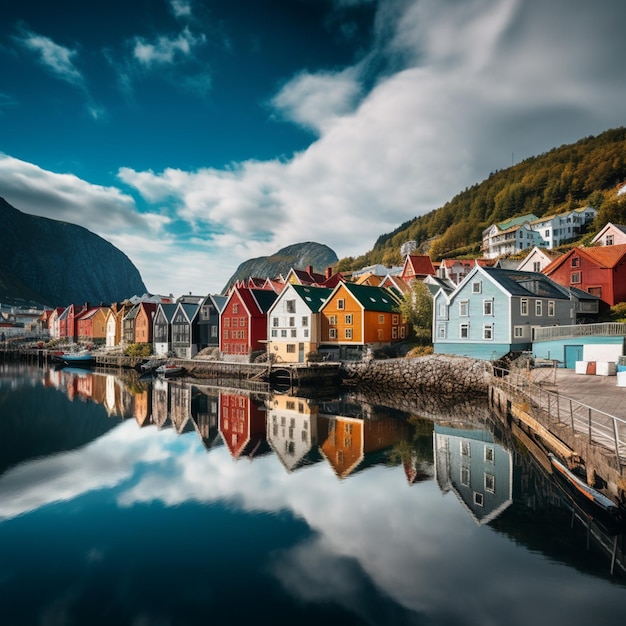 arafed row of houses on a dock next to a body of water generative ai