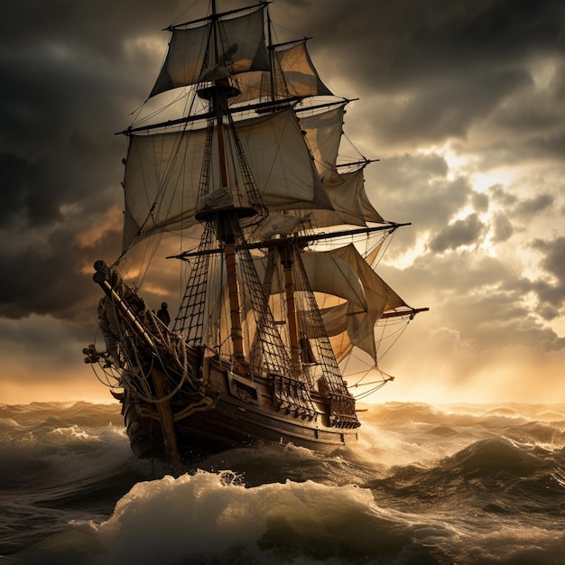 arafed sailboat in rough ocean with dramatic sky and clouds generative ai