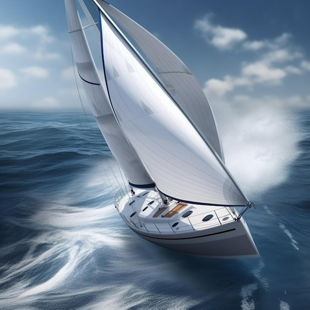 arafed sailboat with white sails sailing in the open ocean generative ai