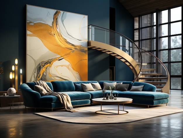 Arafed sectional couch in a living room with a spiral staircase generative ai