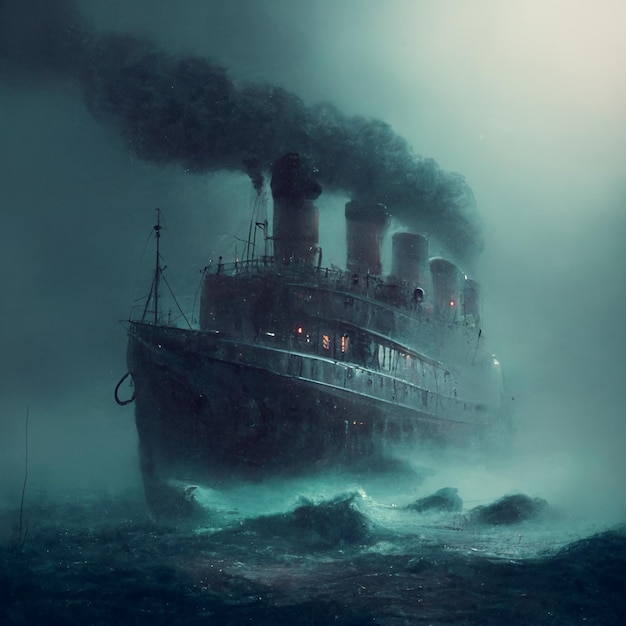 arafed ship in the middle of a stormy ocean with smoke coming out of it generative ai