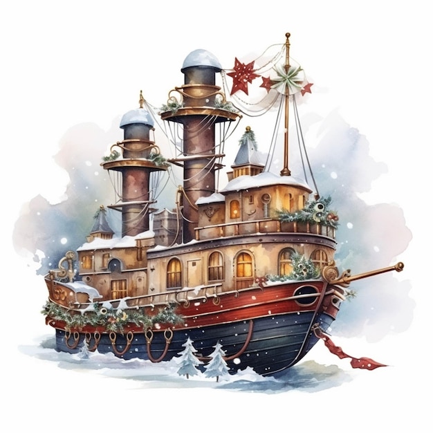 Arafed ship with a christmas tree and decorations on the deck generative ai