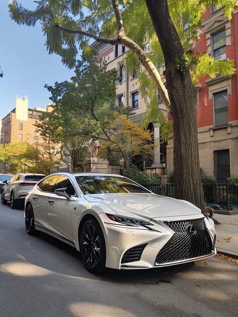 Photo arafed silver car parked on the side of the road in front of a tree generative ai