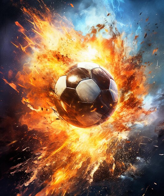 Arafed soccer ball in a fire and smoke explosion generative ai