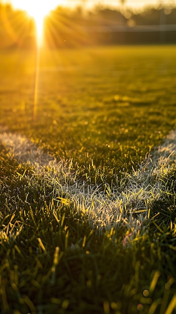 Photo arafed soccer ball on the grass with the sun shining behind it