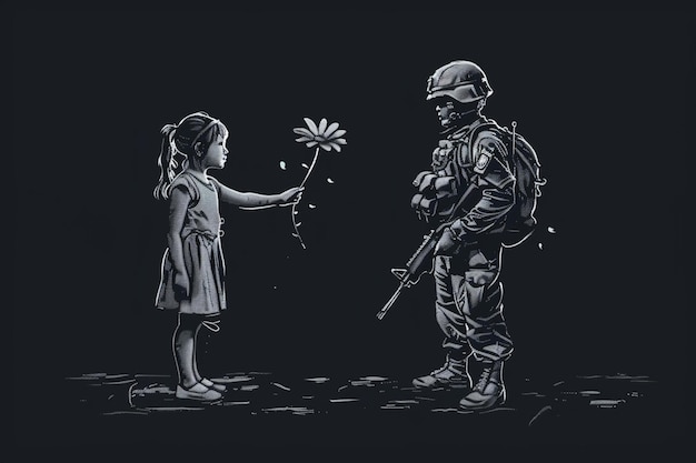 Photo arafed soldier giving a flower to a girl generative ai