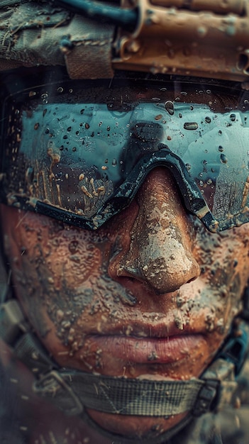 arafed soldier wearing goggles and a helmet with a dirty face generative ai