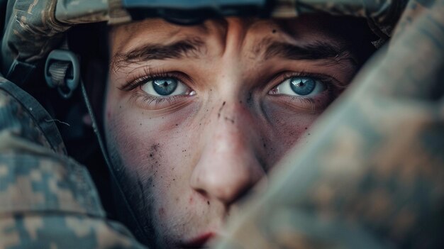 Photo arafed soldier with blue eyes hiding in a camouflage jacket generative ai