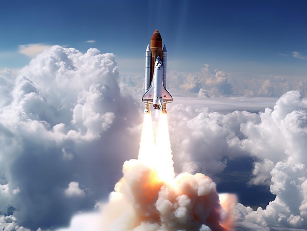 Arafed space shuttle taking off into the clouds with a bright beam of light generative ai