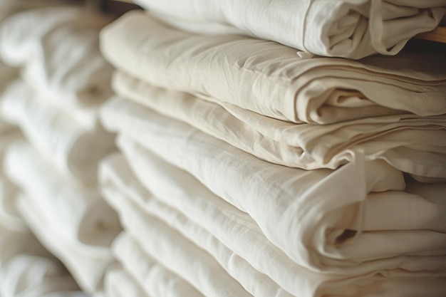 Photo arafed stack of folded white linens on a shelf