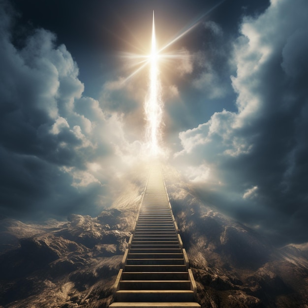 arafed stairway leading to a bright cross in the sky generative ai