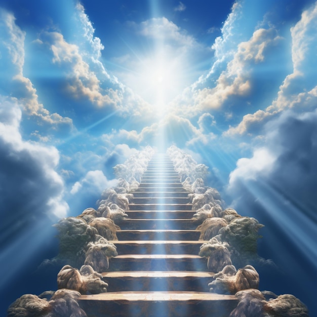 arafed stairway leading to heaven with sheeps and clouds generative ai