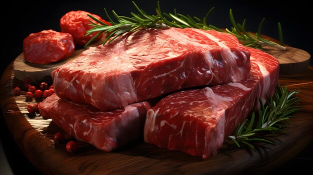 arafed steaks on a cutting board with rosemary sprigs and pepper Generative AI