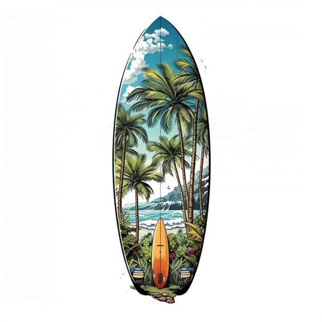 Arafed surfboard with a painting of a tropical beach scene generative ai