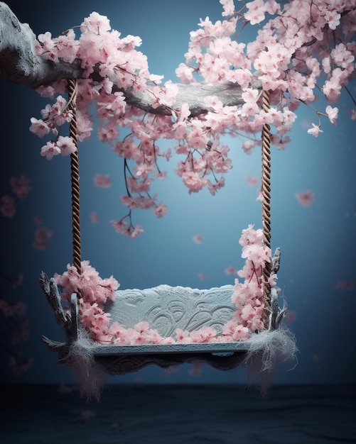 Photo arafed swing with pink flowers on a tree branch generative ai