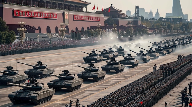 Photo arafed tanks are lined up in a parade in front of a building generative ai