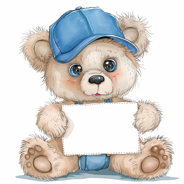 Photo arafed teddy bear with a cap holding a blank sign generative ai