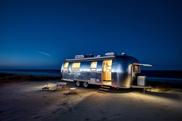 Arafed trailer parked on the beach at night with a table and chairs generative ai