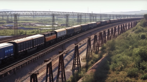 Arafed train on a track with a bridge in the background generative ai