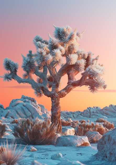 arafed tree in a desert with rocks and snow generative ai