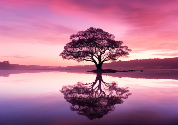 arafed tree in the middle of a lake with a pink sky generative ai