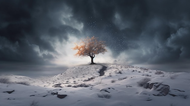 Arafed tree on a snowy hill with a sky background generative ai